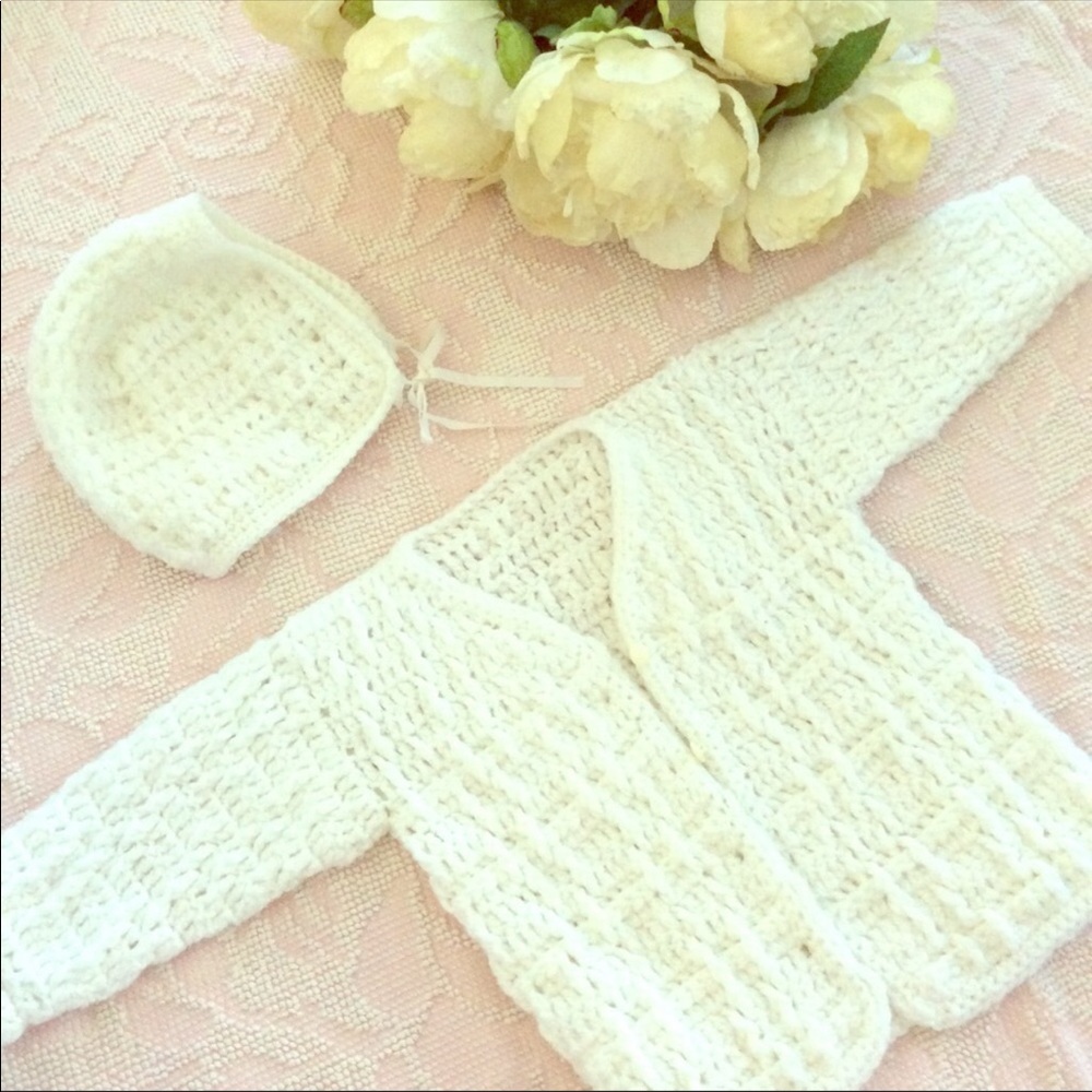 Vintage toddler knit cardigan sweater and bonnet